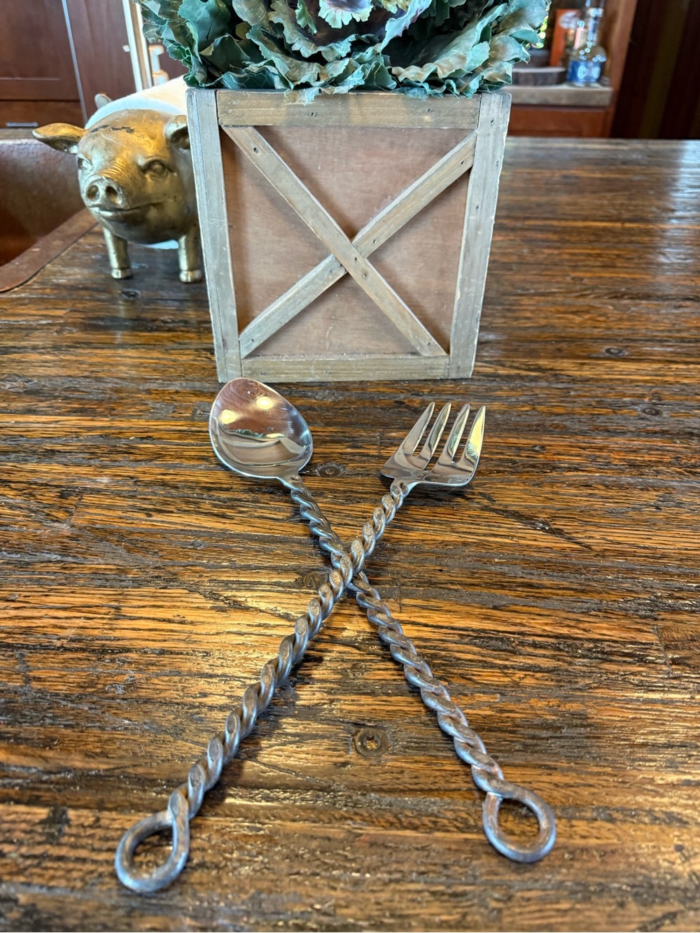 Pottery Barn Twisted-Handle Serving Spoon and Fork Set - Silver